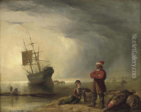 A Beached Brig At Low Tide With Fishermen On The Foreshore Oil Painting - Henry Perlee Parker