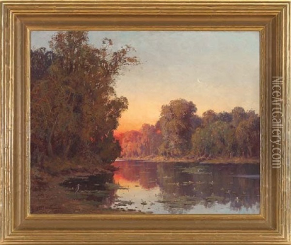 Panoramic River Landscape At Dusk Oil Painting - Ernest William Christmas