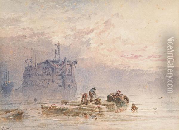 A Breezy Day With Fisherfolk On The Foreshore; And Hulks At Anchor, Sunset Oil Painting - William Cook Of Plymouth