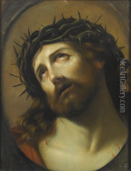 Christ With The Crown Of Thorns, In An Oval Oil Painting - August Fleischmann