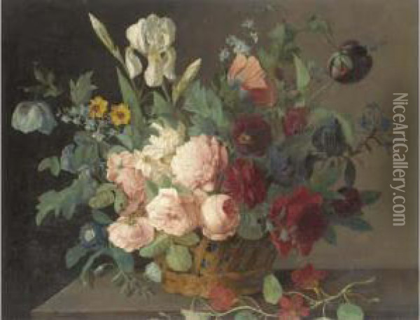 Roses, Narcissi, Irises, Tulips And Other Flowers In A Basket On Astone Ledge Oil Painting - Arnoldus Bloemers