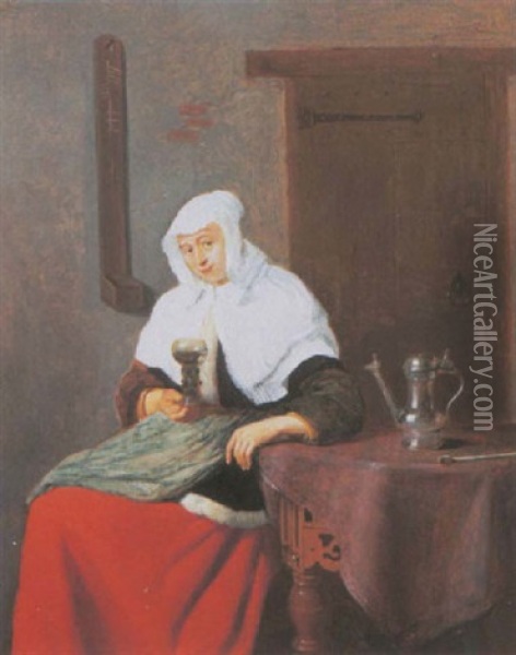 A Woman Seated In An Interior Holding A Roemer Oil Painting - Quiringh Gerritsz van Brekelenkam