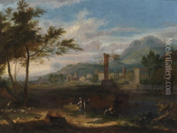 An Italianate Landscape With Classical Ruins And Figures In The Foreground Oil Painting - Jean Francois (Francisque) Millet the Younger