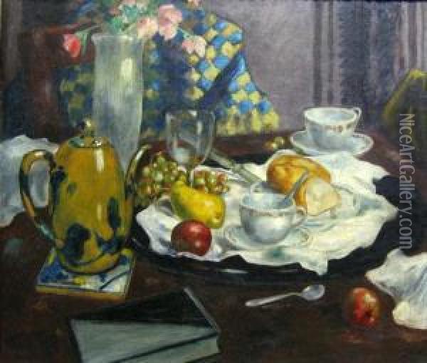 Still Life With Checkered Cloth Oil Painting - Martin Petersen