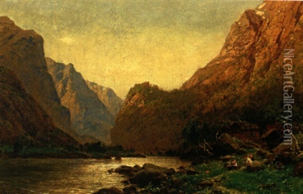 Romantische Flusslandschaft Mit Personenstaffage An Einem Prachtvollen Sommertag Oil Painting - Carl August Heinrich Ferdinand Oesterley
