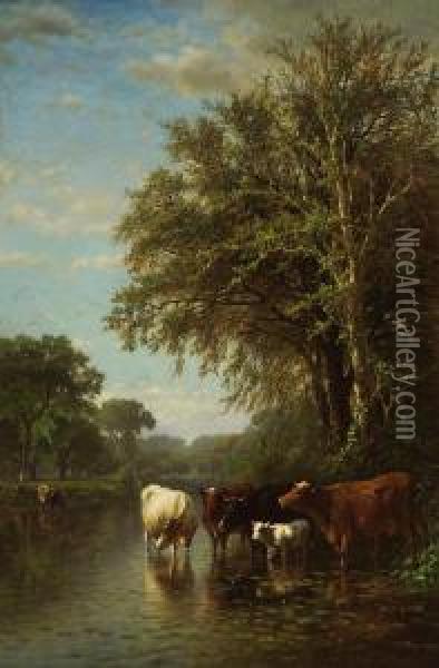 Cows In A Stream Oil Painting - James McDougal Hart