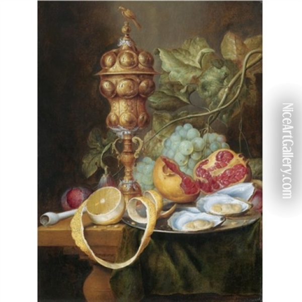 Still Life With A Gilt Pokal, A Bunch Of Grapes, A Plum, A Fig, A Partly Peeled Lemon, With Oysters And An Open Pomegranate On A Pewter Plate Oil Painting - Jan Davidsz De Heem