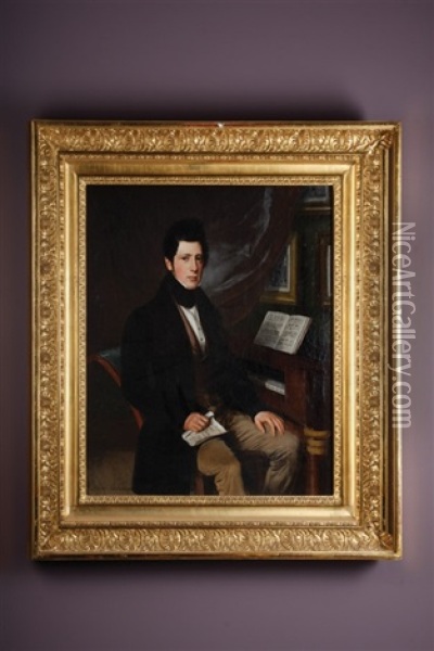 Portrait Of Young Man Holding Music Beside A Piano Oil Painting - Sebastian Gutzwiller