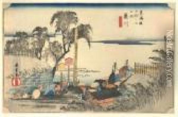 Les Cinquante Trois Stations Du Tokaido Fujikawa, Bonhana No Zu Oil Painting - Utagawa or Ando Hiroshige