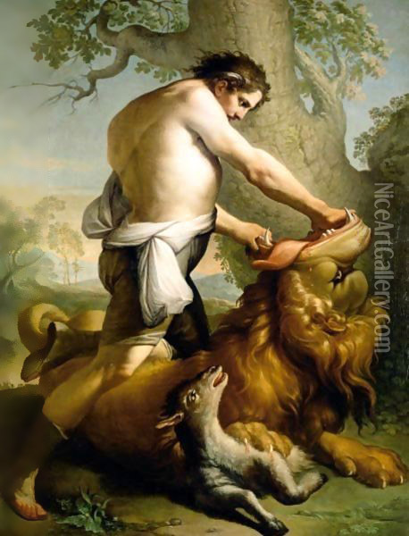 Samson Slaying The Lion Oil Painting - Italian School