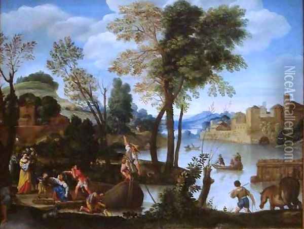An Italianate River Landscape with Poling Boatman and a Woman with a Basket of Crabs Oil Painting - Domenico Zampieri (Domenichino)