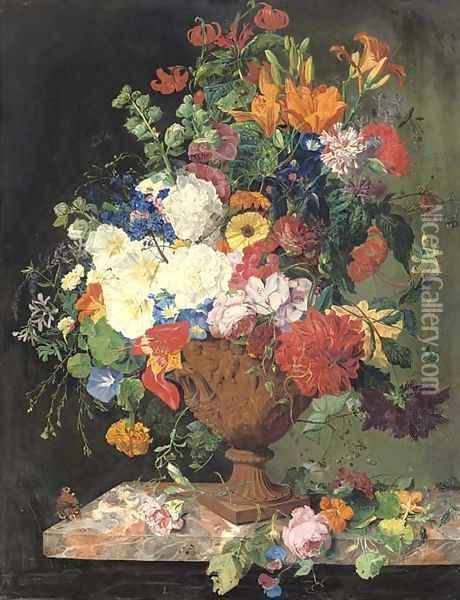 Lillies, convolvuli, carnations and roses in an urn on a marble ledge Oil Painting - Franz Xaver Petter