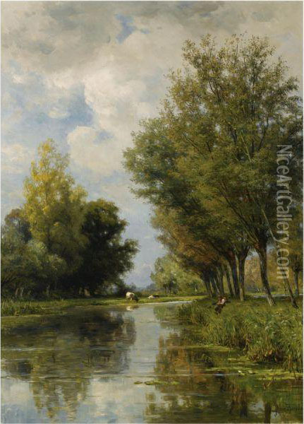 Anglers In A River Landscape Oil Painting - Jan Willem Van Borselen