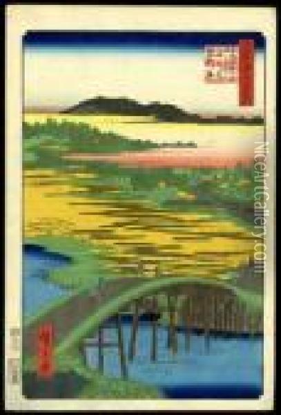 Sugatami Bridge, Omokage Bridge, And The Gravel Beds At Takata Oil Painting - Utagawa or Ando Hiroshige