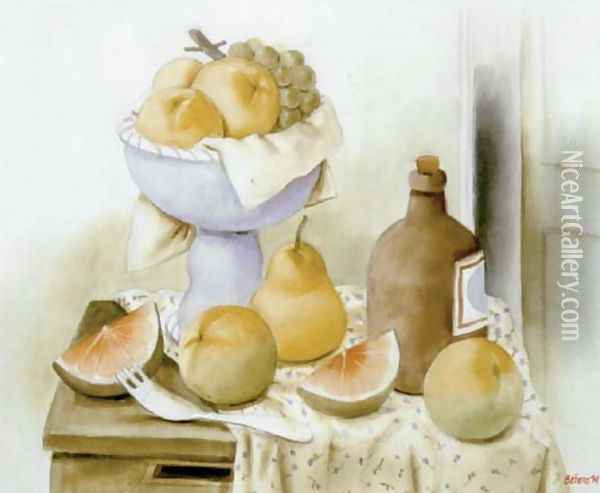 Still Life With Fruits And Bottle Oil Painting - Fernando Botero