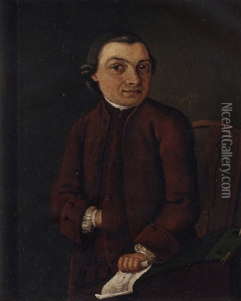 Portrait Of A Cabinet-maker In A Dark Red Coat, Holding A Sketch Of A Piece Of Furniture Oil Painting - Justus Juncker