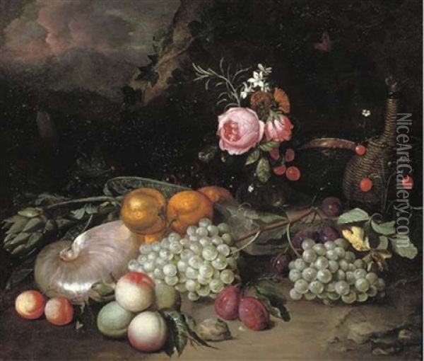 A Nautilus Shell, An Artichoke, Oranges, Peaches, Grapes, A Vase With Flowers, Plums And A Bottle In A Landscape Oil Painting - Jan Pauwel Gillemans The Elder