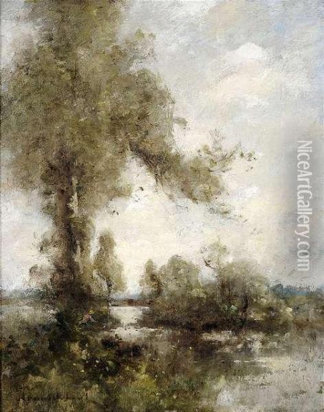 Summeryriver Landscape With An Angler. Oil Painting - Paul Trouillebert