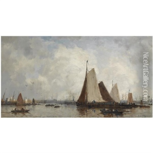 Bateaux Sur La Meuse Devant Rotterdam (shipping On The Maas, Rotterdam) Oil Painting - Johan Hendrik van Mastenbroek