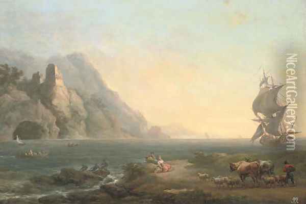 A rocky coastal landscape with fishermen and drovers in the foreground, a ship beyond Oil Painting - Loutherbourg, Philippe de