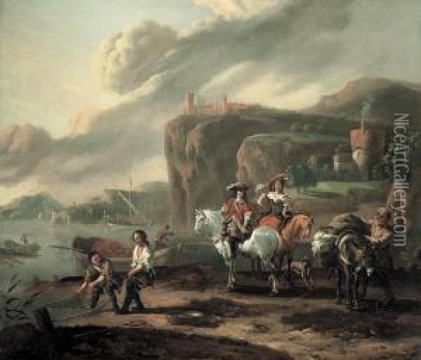 Paesaggio Con Pescatori E Nobili A Cavallo Oil Painting - Rembrandt Van Rijn