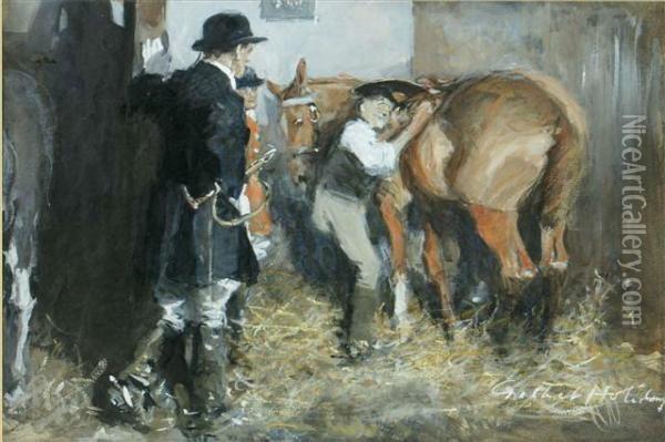 Back In The Stable After The Hunt Oil Painting - Gilbert Holiday