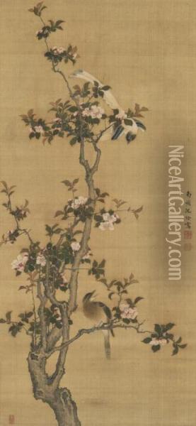 Peach Blossoms And Birds Oil Painting - Shen Quan