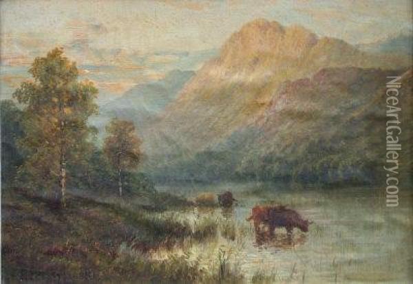 Island Cattle, Watering. Oil Painting - Alfred de Breanski