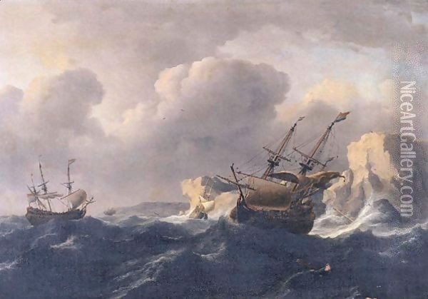 Shipping In A Storm Off A Rocky Coast Oil Painting - Ludolf Backhuysen