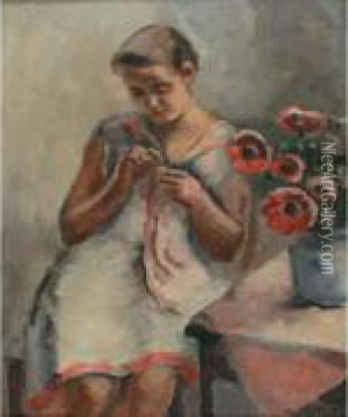 La Couture Au Bouquet D'anemones Oil Painting - Maurice Asselin