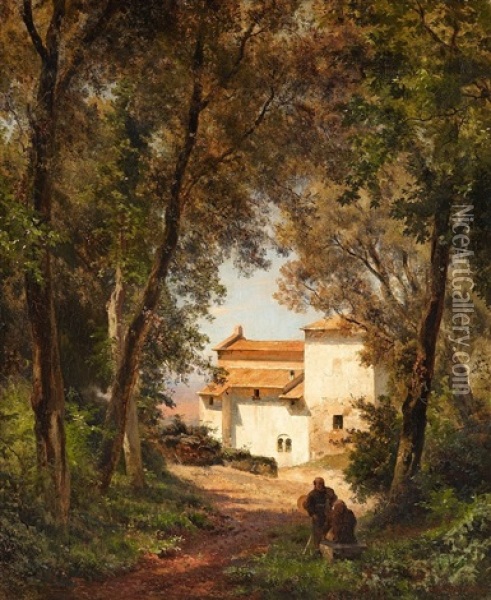 Wooded Landscape With A Monastery Oil Painting - Oswald Achenbach