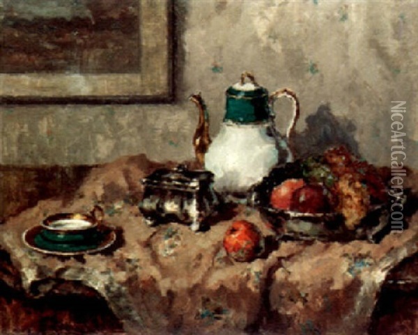 Still Life With China Coffee Pot, Cup And Bowl Of Fruit Oil Painting - Wilhelm Blanke