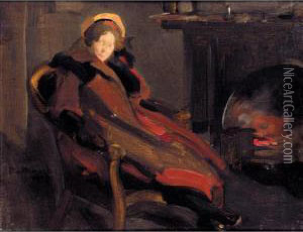 A Lady By The Fireside Oil Painting - Robert Brough