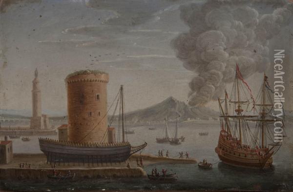Scorcio Del Porto Di Napoli Con Veliero, Lanterna Del Moro E Vesuvio In Eruzione Oil Painting - Charles Leopold Grevenbroeck