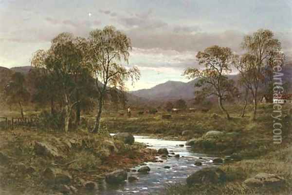 A brook with cattle in the distance Oil Painting - Waller Hugh Paton