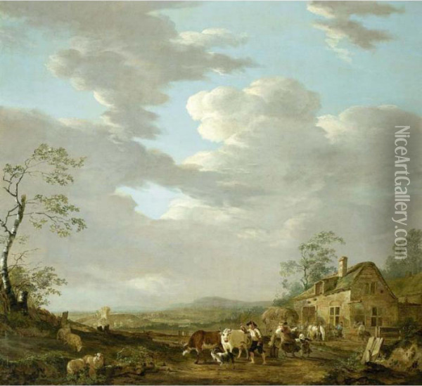 An Autumn Landscape With A Shepherd And His Herd And Travellers Near An Inn Oil Painting - Jacob Van Stry