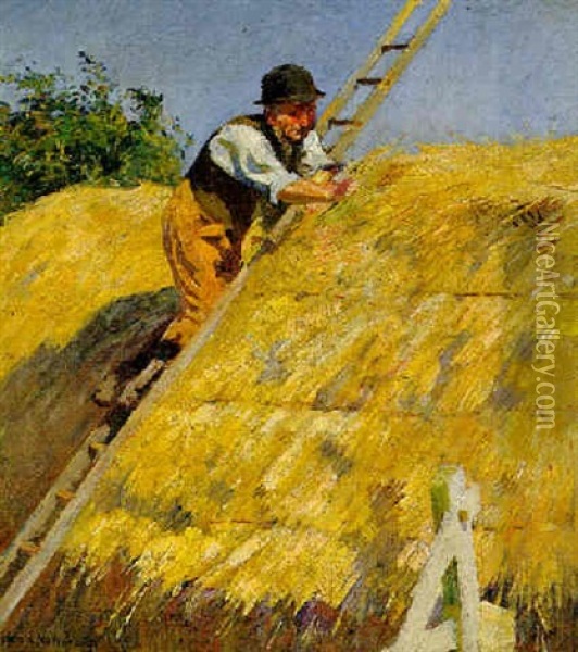 Thatching The Rick Oil Painting - Harold Harvey