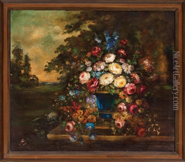 Still Life Of Mixed Bouquet With Roses In An Urn Oil Painting - Virginia Betts