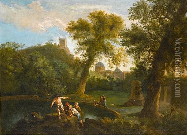 An Italianate Landscape With 
Washerwomen Andfigures Resting On Rocks Beside A Pool, A City In 
Thedistance Oil Painting - Andrea Locatelli