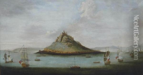 An English Squadron Off St. Michael's Mount, Cornwall Oil Painting - Isaac Sailmaker