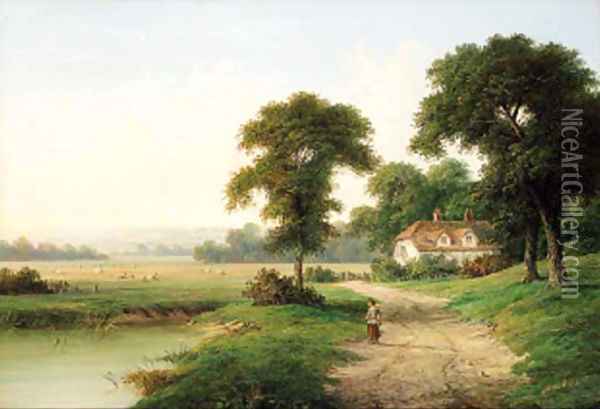 A child beside a pond with a cottage beyond Oil Painting - William Heath