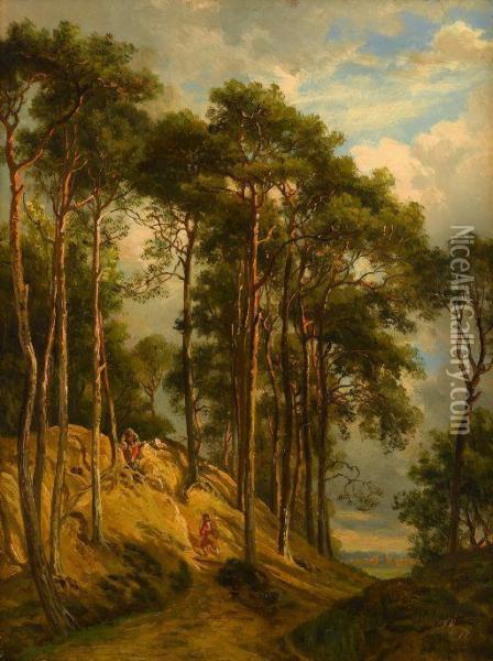 Figures In A Woodland Oil Painting - David Johnson