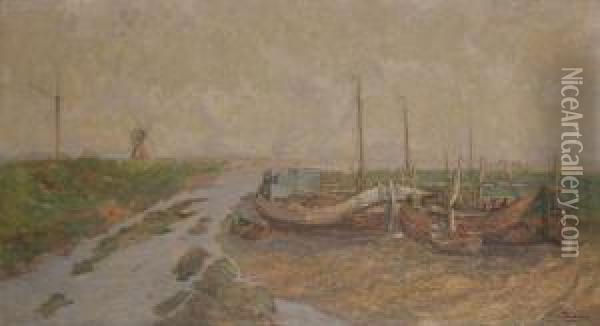 Visserssloepen Aan Rivierbocht Met Windmolen In De Verte Oil Painting - Frans Van Damme