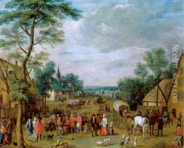 Fest In Einem Dorf Mit Vielen Figuren Und Einem Planwagen Oil Painting - Jacques Willem Van Blarenberghe
