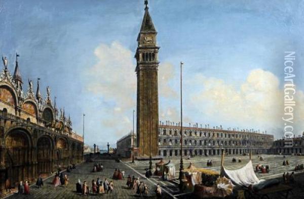 Piazza San Marco, Venice, With Figures Gathering Before St Mark's Cathedral Oil Painting - William James