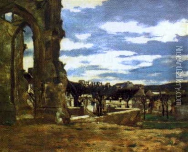 Village Et Abbaye En Ruine Oil Painting - Emile Barau