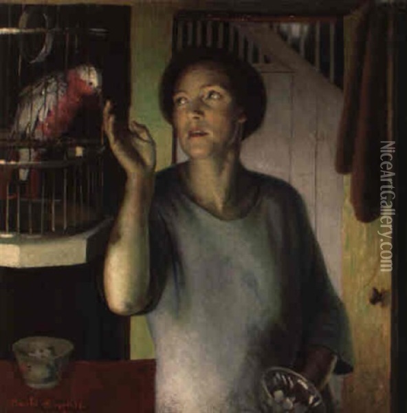 Gertrude Harvey With A Parrot In The Artist's House Oil Painting - Harold Harvey
