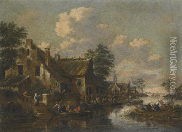 A Town On The Banks Of A River Oil Painting - Thomas Heeremans