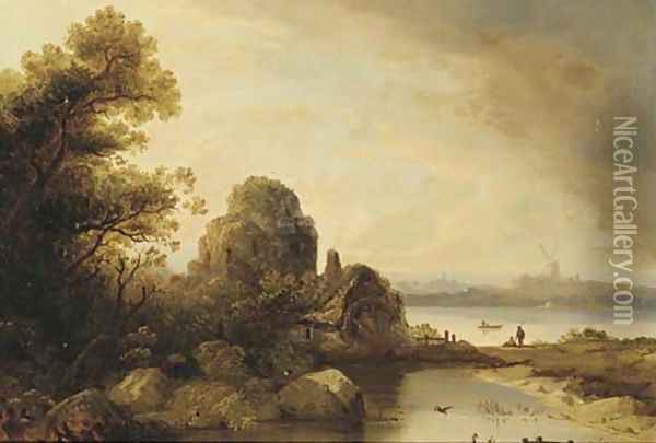 Figures by a watermill in a river landscape, a windmill beyond Oil Painting - Norwegian School