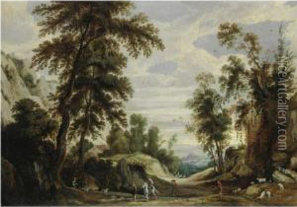 An Extensive Mountainous 
Landscape With A Horseman And Shepherdswith Their Flock On A Path Oil Painting - Jan Wildens